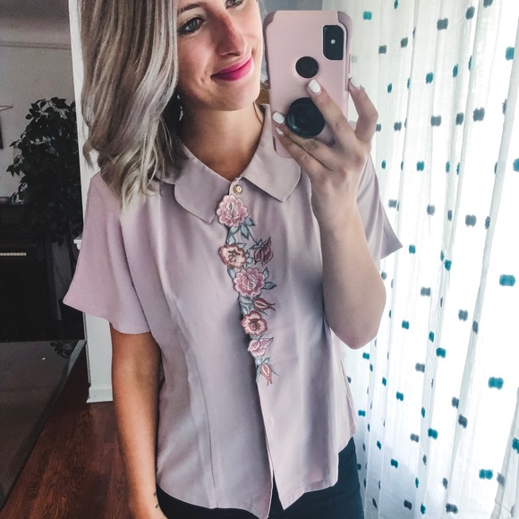 Pink Floral Short Sleeve Shoulder Pad Blouse M - Picture 2 of 6